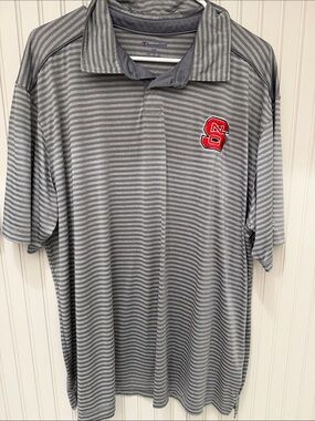 Champion Gray Striped Polo with Red NC State Patch